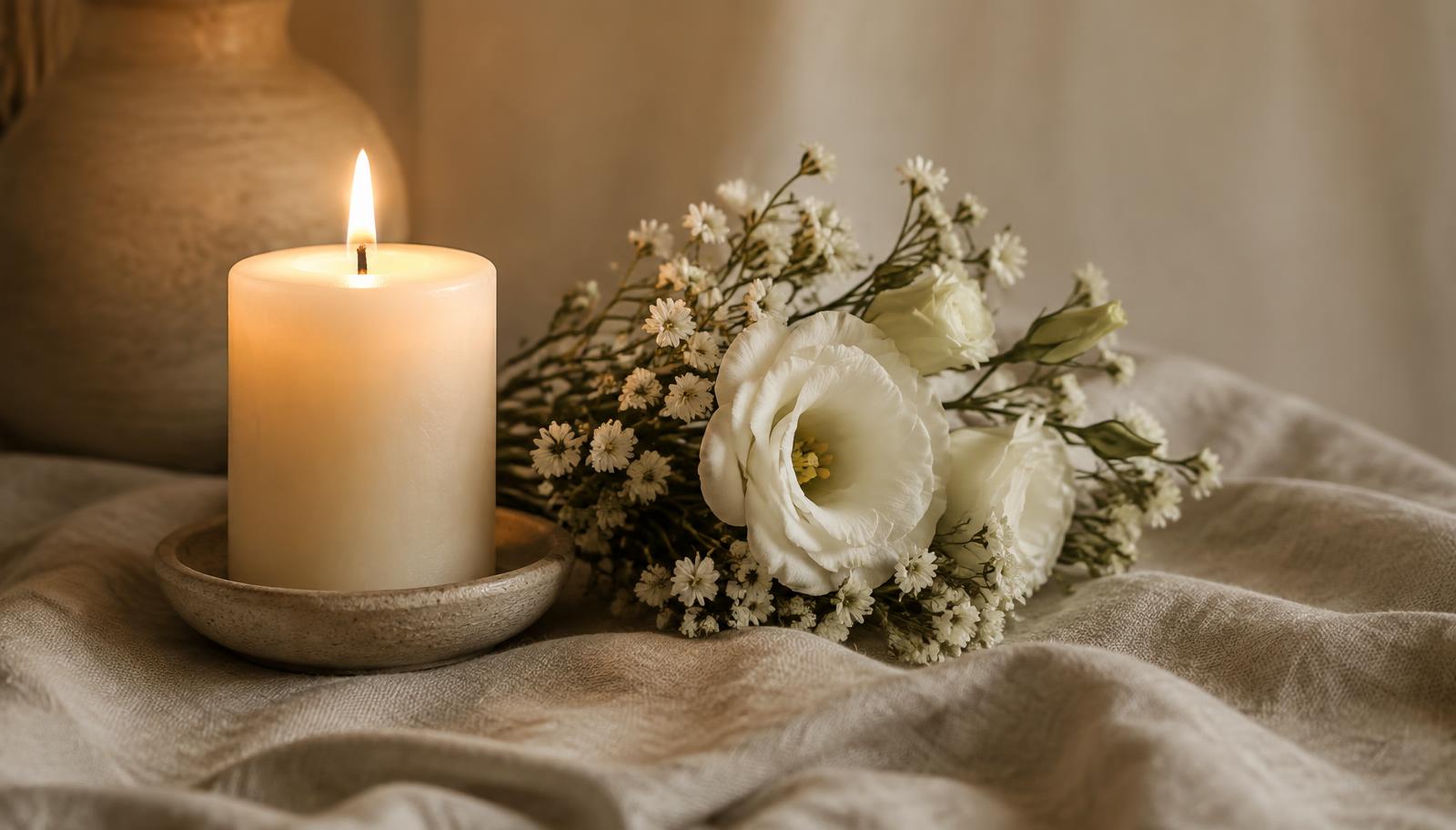 Kerze und weiße Blumen auf einem Leinentuch